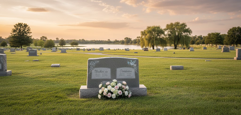 Cemetery with headstones in autumn