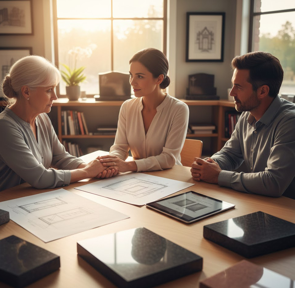 Cemetery with monuments and flowers